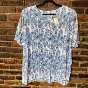 NWT Stefano Blue Floral Short Sleeve Button Down Top Shoulder Pads Size 22/24W